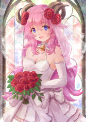 Rule 34 | absurdres, animal ears, bell, blue eyes, blush, bouquet, bow, breasts, bridal veil, cleavage, cocoasabure, dress, elbow gloves, flower, gloves, hair between eyes, hair flower, hair ornament, highres, horns, jewelry, looking at viewer, medium breasts, necklace, open mouth, original, pink hair, purple eyes, sheep ears, sheep horns, solo, stained glass, standing, veil, wedding dress, white dress, white gloves
