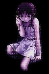Rule 34 | 1990s (style), 1girl, abe yoshitoshi, black background, chemise, female focus, hair ornament, hairclip, iwakura lain, lowres, official art, purple theme, serial experiments lain, short hair, sitting, solo