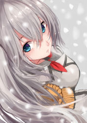 Rule 34 | 10s, 1girl, blue eyes, blush, epaulettes, expressionless, from above, grey background, hair between eyes, highres, kantai collection, kashima (kancolle), looking at viewer, looking up, military, military uniform, parted lips, red ribbon, ribbon, short hair, silver hair, simple background, snowflakes, snowing, solo, two side up, uniform, wenhe