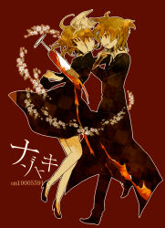 Rule 34 | 1boy, 1girl, 7:24, blonde hair, bow, brother and sister, cloak, dress, flower, formal, glass, hair bow, hair ornament, hairclip, high heels, highres, kagamine len, kagamine rin, knife, nazotoki (vocaloid), necktie, red background, red eyes, shoes, short hair, siblings, sketch, smile, twins, vocaloid