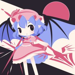 Rule 34 | 1girl, bat wings, black background, closed mouth, cobalta, feet out of frame, full moon, hat, holding, holding weapon, looking at viewer, mob cap, moon, pink hat, pink shirt, pink skirt, pointy ears, polearm, purple hair, red moon, remilia scarlet, shirt, short hair, skirt, solo, spear, spear the gungnir, touhou, upper body, weapon, white background, wings