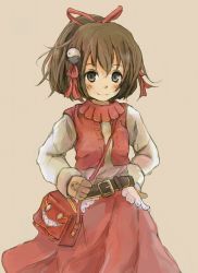 Rule 34 | 1girl, belt, black belt, black eyes, blush, bow, breasts, brown background, brown gloves, brown hair, closed mouth, commentary request, cowboy shot, gloves, hair bow, hair ribbon, high ponytail, long sleeves, looking at viewer, merchant (ragnarok online), pink bag, ponytail, ragnarok online, red bow, red ribbon, red skirt, red vest, ribbon, shimada sarasara, shirt, short hair, simple background, skirt, small breasts, smile, solo, vest, white shirt, yin yang, yin yang hair ornament