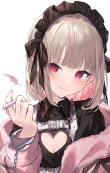 Rule 34 | 1girl, absurdres, belt, black ribbon, black shirt, blush, candy, cigarette, cleavage cutout, clothing cutout, collared shirt, cuffs, fang, food, gothic lolita, grey hair, hairband, handcuffs, heart cutout, highres, jacket, lolita fashion, lolita hairband, looking at viewer, makaino ririmu, multicolored hair, nijisanji, open clothes, open jacket, pink hair, pink jacket, pointy ears, red eyes, ribbon, shirt, short hair, simple background, skin fang, smile, solo, streaked hair, two-tone hair, upper body, virtual youtuber, white background, yuzutouhu ika