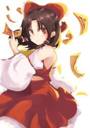 Rule 34 | 1girl, absurdres, bare shoulders, between fingers, blush, bow, brown hair, cowboy shot, detached sleeves, from side, hair tubes, hakurei reimu, highres, holding, holding ofuda, looking at viewer, medium skirt, no good no good, nontraditional miko, ofuda, ofuda between fingers, parted bangs, red bow, red eyes, red skirt, red vest, short hair, signature, simple background, skirt, solo, touhou, vest, white background