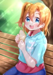 Rule 34 | 1girl, absurdres, aqua shirt, artist name, artist request, bare shoulders, blue eyes, blue pants, blush, bow, bread, breasts, collarbone, female focus, food, hair between eyes, highres, holding, holding food, kosaka honoka, looking at viewer, love live!, love live! school idol festival, love live! school idol project, nail, nail polish, orange hair, outdoors, pants, parted lips, pink nails, ponytail, red shirt, red wristband, scrunchie, shirt, short hair, short ponytail, side ponytail, sitting, small breasts, smile, solo, sunlight, sweatdrop, undershirt, wristband, yellow scrunchie