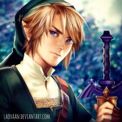 Rule 34 | 1boy, blonde hair, blue eyes, blurry, depth of field, earrings, hat, jewelry, laovaan, link, male focus, master sword, nintendo, pointy ears, sheath, sheathed, solo, sparkle, the legend of zelda, upper body, watermark, web address