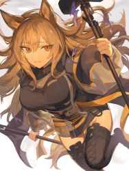 Rule 34 | 1girl, animal ears, arknights, black footwear, black jacket, black shirt, black thighhighs, boots, breasts, ceobe (arknights), closed mouth, commentary, cowboy shot, dog ears, dual wielding, fire, grin, hair between eyes, highres, holding, holding staff, jacket, large breasts, light brown hair, long hair, looking at viewer, material growth, open clothes, open jacket, orange eyes, oripathy lesion (arknights), purple fire, shirt, sigma eeco, simple background, smile, solo, staff, strap, thigh boots, thighhighs, thighs, white background, zettai ryouiki