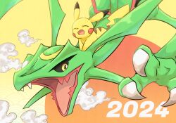 Rule 34 | 2024, animal focus, chinese zodiac, claws, creatures (company), dated, dragon, flying, game freak, gen 1 pokemon, gen 3 pokemon, legendary pokemon, looking at viewer, matata, nintendo, open mouth, pikachu, pokemon, pokemon (creature), rayquaza, riding, riding pokemon, sky, smile, year of the dragon
