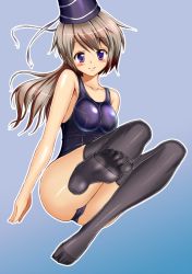 Rule 34 | 1girl, black thighhighs, blue background, blue eyes, feet, hat, highres, honda takaharu, mononobe no futo, no shoes, one-piece swimsuit, ponytail, school swimsuit, short hair, silver hair, smile, soles, solo, swimsuit, tate eboshi, thighhighs, toes, touhou