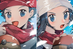 Rule 34 | 1boy, 1girl, :d, akari (pokemon), black hair, blurry, blush, commentary request, creatures (company), eyelashes, game freak, grey eyes, grey jacket, happy, hat, head scarf, holding, holding poke ball, jacket, looking at viewer, nintendo, oou (tafc4385), open mouth, poke ball, poke ball (legends), pokemon, pokemon legends: arceus, red headwear, red scarf, rei (pokemon), scarf, short hair, smile, spiked hair, split screen, tongue, white headwear