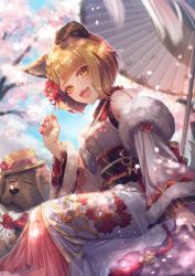 Rule 34 | 1girl, :d, animal ears, blonde hair, blue sky, blunt bangs, blush, cherry blossoms, cloud, commentary request, day, detached sleeves, dog, dog ears, dog tail, fur trim, granblue fantasy, hand up, hat, highres, kogome (azalea4), looking at viewer, nail polish, oil-paper umbrella, open mouth, outdoors, red nails, short hair, sitting, sky, smile, solo, tail, twitter username, umbrella, vajra (granblue fantasy), yellow eyes
