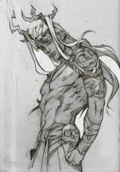 Rule 34 | 1boy, abs, antlers, armor, bare pectorals, commentary, cowboy shot, english commentary, gorget, grey background, greyscale, hades (series), hades 2, hand on own hip, highres, horns, kilgaaaaaarra, long hair, looking at viewer, male focus, monochrome, moros (hades), nipples, parted lips, pauldrons, pectorals, shoulder armor, sketch, skull, solo, three quarter view, toned, toned male, v-taper