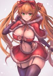Rule 34 | .live, blonde hair, blush, breasts, capelet, cleavage, commentary request, denchi more power, garter belt, green eyes, highres, kongou iroha, large breasts, long hair, navel, open mouth, santa costume, simple background, thighhighs, twintails, virtual youtuber, white background