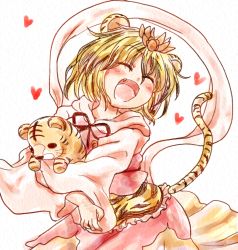 1girl animal_ears blonde_hair fang female_focus heart hug open_mouth rokugou_daisuke shawl smile solo stuffed_animal stuffed_tiger stuffed_toy tail tiger_ears tiger_tail toramaru_shou touhou