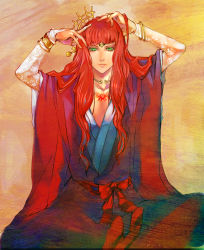 Rule 34 | 1girl, arms up, blunt bangs, bracelet, breasts, butterfly sitting, center opening, chinese clothes, choker, collarbone, floral print, green eyes, hair ornament, headband, jewelry, juuni kokuki, kamemushi, long hair, looking at viewer, loose clothes, nakajima youko, obi, red hair, sash, simple background, sitting, small breasts, solo, tattoo, traditional clothes