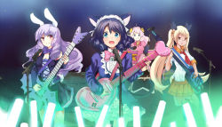 Rule 34 | 4girls, animal ears, bell, black hair, black ribbon, blonde hair, blue eyes, blush, bow, cang you xi, cat ears, chuchu (show by rock!!), closed mouth, cyan (show by rock!!), drum, drum set, hair ribbon, holding, holding instrument, instrument, long hair, looking at viewer, looking away, microphone, microphone stand, moa (show by rock!!), multiple girls, music, open mouth, orange skirt, pink bow, pink hair, playing instrument, purple eyes, purple hair, rabbit ears, retoree (show by rock!!), ribbon, short hair, show by rock!!, sitting, skirt, smile, twintails