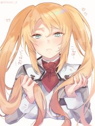 Rule 34 | 1girl, alternate hairstyle, blonde hair, blue eyes, blush, breasts, closed mouth, cropped torso, flower, frown, heart, holding, holding hair, kantai collection, long hair, long sleeves, nelson (kancolle), no headgear, pink background, red flower, red neckwear, red rose, rose, saiki yuzuri, sidelocks, simple background, solo, sweat, twintails, twitter username