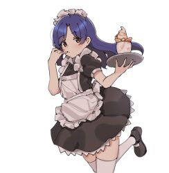 Rule 34 | 1girl, aa211108, apron, black dress, blue hair, blush, brown eyes, closed mouth, cowboy shot, dot mouth, dot nose, dress, flat chest, frilled apron, frills, hand to own mouth, idolmaster, idolmaster (classic), idolmaster million live!, idolmaster million live! theater days, kisaragi chihaya, loafers, long hair, looking at viewer, maid, maid apron, maid headdress, parfait, parted bangs, petticoat, serving, shoes, sidelocks, simple background, solo, standing, standing on one leg, straight hair, thighhighs, white background, white thighhighs, zettai ryouiki