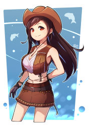 Rule 34 | 1girl, bare shoulders, belt, black hair, breasts, brown gloves, brown hair, brown hat, brown skirt, brown vest, cleavage, closed mouth, cowboy hat, crop top, dated, dolphin, final fantasy, final fantasy vii, final fantasy vii remake, gloves, hat, highres, large breasts, long hair, looking at viewer, midriff, navel, official alternate costume, red eyes, skirt, smile, solo, square enix, tifa lockhart, umenodo, vest