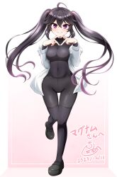 Rule 34 | 1girl, ahoge, black footwear, black hair, black pants, black shirt, black thighhighs, breasts, commentary request, covered navel, dated, full body, gradient background, gradient hair, hair between eyes, highres, jacket, layered sleeves, long hair, long sleeves, looking at viewer, medium breasts, multicolored hair, nichika (nitikapo), off shoulder, open clothes, open jacket, original, pants, pink background, puffy long sleeves, puffy sleeves, purple eyes, purple hair, shirt, shoes, sidelocks, signature, smile, solo, standing, standing on one leg, thighhighs, translation request, twintails, very long hair, white background, white jacket