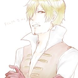 Rule 34 | 1boy, blonde hair, blue eyes, crossed arms, curry gohan, frown, gloves, hair over one eye, looking at viewer, lowres, male focus, one piece, one piece film: z, sanji (one piece), solo, vest