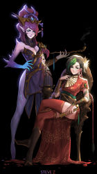 Rule 34 | 2girls, absurdres, alternate costume, alternate hair color, alternate hairstyle, arm warmers, artist name, bare shoulders, black background, blue eyes, blush, boots, breasts, brown footwear, brown hair, caitlyn (league of legends), china dress, chinese clothes, chinese new year, cleavage, closed mouth, crossed legs, dress, dual persona, fingernails, firecracker jinx, flower, folding fan, full body, gem, green eyes, green nails, hair flower, hair ornament, hair stick, hand fan, hand on own hip, highres, holding, holding fan, holding smoking pipe, jinx (league of legends), league of legends, lips, loincloth, long fingernails, long hair, looking at viewer, lunar wraith caitlyn, medium breasts, multicolored hair, multiple girls, nail polish, nose, pelvic curtain, pink lips, pointy ears, purple lips, red dress, red hair, red legwear, sash, short dress, sitting, smile, smoke, smoke trail, smoking pipe, spikes, standing, steve zheng, strapless, strapless dress, tassel, thighhighs, two-tone hair, white flower