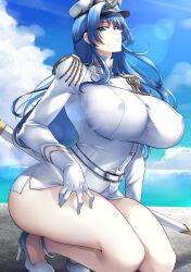 Rule 34 | 1girl, arched back, arms at sides, bare legs, belt, blue eyes, blue hair, blue sky, breasts, cloud, covered erect nipples, curvy, female focus, from below, from side, goddess of victory: nikke, haganef, hat, helm (nikke), high heels, highres, holding, holding weapon, huge breasts, kneeling, legs, long hair, looking at viewer, looking to the side, miniskirt, neck, nipples through clothes, nipples visible through clothes, no legwear, no socks, outdoors, shirt, sidelocks, sitting, skirt, sky, solo, sun glare, sunlight, teeth, thighs, tight clothes, tight shirt, water, weapon, wide hips