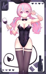 Rule 34 | 1girl, absurdres, alcohol, animal ears, black leotard, black thighhighs, bow, bowtie, breasts, cleavage, commentary request, cowboy shot, cup, demon tail, detached collar, drinking glass, fake animal ears, heart, heart-shaped pupils, highleg, highres, leotard, long hair, looking at viewer, medium breasts, original, pink hair, playboy bunny, rabbit ears, reizouko, simple background, solo, standing, strapless, strapless leotard, symbol-shaped pupils, tail, thighhighs, twintails, v, white background, wine, wine glass, wrist cuffs