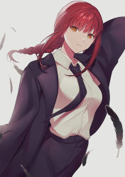 Rule 34 | 1girl, black necktie, black pants, braid, braided ponytail, breasts, chainsaw man, collared shirt, feathers, formal, highres, long coat, long hair, long sleeves, makima (chainsaw man), medium breasts, necktie, pants, raimone26, red hair, ringed eyes, shirt, simple background, smile, solo, white background, white shirt, yellow eyes