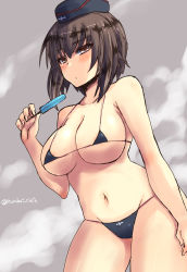 Rule 34 | 10s, 1girl, bikini, blush, breasts, brown eyes, brown hair, cleavage, closed mouth, cowboy shot, curvy, food, girls und panzer, highres, holding, holding food, looking at viewer, medium breasts, micro bikini, navel, nishizumi maho, popsicle, shinshin, short hair, solo, standing, swimsuit, twitter username