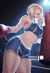Rule 34 | 1girl, blonde hair, blue eyes, boxing gloves, breasts, cammy white, large breasts, lips, looking at viewer, mystra77, navel, open mouth, punching bag, shorts, solo, sports bra, street fighter, street fighter 6, towel