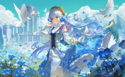 Rule 34 | 1girl, absurdres, alternate hairstyle, ayaka (genshin impact), bird, blue dress, blue eyes, blue flower, blue hair, blunt bangs, blunt tresses, braid, butterfly hair ornament, closed mouth, cloud, cloudy sky, collar, dress, floating hair, flower, genshin impact, hair ornament, hat, highres, kamisato ayaka, kamisato ayaka (springbloom missive), leleyoukuailele, long hair, long sleeves, looking to the side, official alternate costume, outdoors, pantyhose, pigeon, sidelocks, sky, smile, solo, standing, white collar, white pantyhose