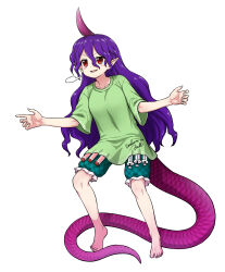 Rule 34 | 1girl, absurdres, barefoot, blush stickers, clothes writing, fingernails, full body, green shirt, green shorts, highres, horns, itou yuuji, long hair, open mouth, pointy ears, purple hair, purple horns, red eyes, shirt, short sleeves, shorts, simple background, single horn, solo, syringe, tail, tenkajin chiyari, test tube, toenails, touhou, white background