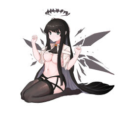 Rule 34 | 1girl, absurdres, ahoge, arknights, ascot, belt, belt buckle, black ascot, black garter belt, black garter straps, black hair, black halo, black thighhighs, black wings, blunt bangs, breasts, broken halo, buckle, chinese commentary, closed mouth, clothes lift, collared jacket, colored inner hair, commentary request, dark halo, detached wings, energy wings, from side, full body, garter belt, garter straps, green eyes, grey hair, halo, hands up, highres, hime cut, jacket, jacket lift, kneeling, light blush, long hair, looking at viewer, medium breasts, multicolored hair, navel, pale skin, presenting, short-sleeved jacket, short sleeves, sidelocks, simple background, smile, soles, solo, stomach, thighhighs, thighs, two-tone hair, underboob, user eudw2485, very long hair, virtuosa (arknights), white background, white belt, white jacket, wide sleeves, wing collar, wings