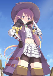 Rule 34 | 1girl, armor, bad hands, belt, bike shorts, boots, brown eyes, brown hair, cloud, day, elf, hand on own hip, hat, hip focus, knee boots, long hair, midriff, navel, pointy ears, sakusaku, shade, sky, smile, solo, sparkle, very long hair, witch hat
