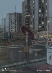 Rule 34 | 1girl, absurdres, apartment, bag, balcony, building, city, grey sky, highres, holding, holding bag, holding umbrella, jacket, lamppost, long sleeves, looking at viewer, open clothes, open jacket, orange skirt, original, outdoors, power lines, red umbrella, reisen13, road, scenery, shirt, shoes, skirt, sky, sneakers, solo, standing, striped clothes, striped shirt, traffic cone, umbrella, wet ground, white shirt, window blinds