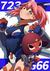 Rule 34 | armor, armored boots, armored leotard, belt, black eyes, boots, closed mouth, frog, giroro, gloves, gun, highres, hinata natsumi, keroro gunsou, long hair, looking at viewer, military, open mouth, pink eyes, pink hair, sasar1211, simple background, skull, twintails, weapon