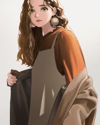 Rule 34 | 1girl, absurdres, brown dress, brown hair, brown jacket, commentary request, dress, earrings, eyelashes, from side, gradient background, green eyes, grey background, highres, himmel (allsky83), jacket, jewelry, lips, long hair, long sleeves, looking at viewer, off shoulder, orange shirt, original, parted lips, pinafore dress, shirt, sleeveless dress, solo, upper body, wavy hair