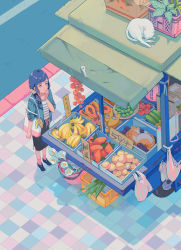 Rule 34 | 1girl, bad id, bad tumblr id, bag, banana, black skirt, blue hair, cat, clea (geee13), flower, food, food stand, fruit, highres, leaf, long hair, original, partially immersed, plant, road, shadow, shoes, shoulder bag, skirt, solo, standing, street, white cat, white flower, wide shot