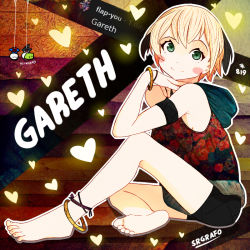 Rule 34 | 1girl, anklet, barefoot, black shorts, blonde hair, blush stickers, english text, fate/grand order, fate (series), feet, gareth (fate), green eyes, jewelry, looking at viewer, short hair, short shorts, shorts, sitting, soles, solo, srgrafo, toes