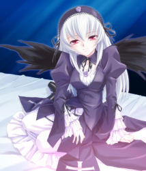 Rule 34 | 00s, blue background, goth fashion, hairband, lolita fashion, long hair, pink eyes, rozen maiden, simple background, smile, solo, suigintou, white hair, wings