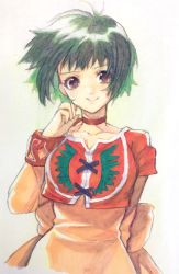 Rule 34 | 1girl, back bow, bow, breasts, brown eyes, choker, cropped jacket, dress, farah oersted, green hair, highres, looking at viewer, murata tefu, orange dress, red choker, short hair, simple background, smile, solo, tales of (series), tales of eternia