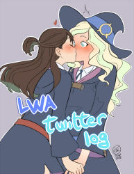 Rule 34 | 2girls, artist name, blonde hair, blue eyes, blush, brown hair, dated, diana cavendish, grey background, holding hands, hat, heart, kagari atsuko, kiss, little witch academia, long hair, multiple girls, short ponytail, surprised, ticcy, witch hat, yuri