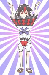 Rule 34 | &gt;:&gt;, 1girl, :&gt;, \o/, arms up, arrow (symbol), bad id, bad pixiv id, black hair, dress, grey horns, horns, kijin seija, multicolored hair, outstretched arms, red eyes, sandals, sanuki (zigzagflamberge), solo, streaked hair, sunburst, touhou, upside-down, v-shaped eyebrows