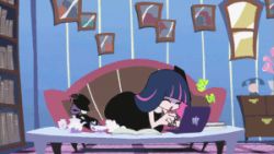 Rule 34 | 10s, 1girl, animated, animated gif, blue hair, computer, dress, happy, honekoneko (psg), laptop, lowres, multicolored hair, official style, panty &amp; stocking with garterbelt, screencap, stocking (psg), stuffed animal, stuffed toy, typing