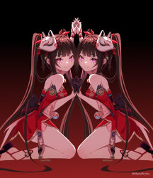 Rule 34 | 2girls, bare shoulders, black gloves, bow, brown hair, clone, closed mouth, dress, fox mask, from side, full body, gloves, hair bow, highres, holding hands, honkai: star rail, honkai (series), legs together, long bangs, long hair, looking at viewer, mask, mask on head, miaotai miota, multiple girls, pelvic curtain, pink eyes, red background, red bow, red dress, sandals, short dress, sidelocks, simple background, single glove, sleeveless, sleeveless dress, smile, sparkle (honkai: star rail), thighs, twintails, very long hair