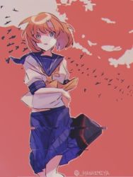Rule 34 | 1girl, arm across chest, bare arms, bird, blue eyes, blue sailor collar, cloud, commentary, feet out of frame, glaring, glitch, hashimiya, higurashi no naku koro ni, looking at viewer, muted color, neckerchief, no nose, open mouth, orange hair, puffy short sleeves, puffy sleeves, red sky, ryuuguu rena, sailor collar, short sleeves, skirt, sky, solo, twitter username, yellow neckerchief