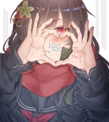 Rule 34 | 1girl, bad id, bad pixiv id, black hair, black jacket, blush, closed mouth, flower, girls&#039; frontline, hair flower, hair ornament, heart, heart hands, jacket, long hair, looking at viewer, one eye covered, rabb horn, red eyes, red scarf, scarf, school uniform, simple background, solo focus, type 100 (girls&#039; frontline), upper body