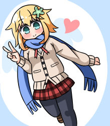 Rule 34 | 1girl, black pantyhose, blonde hair, blue background, blue scarf, blush, brown cardigan, brown footwear, cardigan, closed mouth, commentary request, flower, fringe trim, gabriel dropout, green eyes, green flower, hair between eyes, hair flaps, hair flower, hair ornament, hana kazari, hand up, heart, highres, loafers, long hair, looking at viewer, pantyhose, plaid, plaid skirt, pleated skirt, red skirt, scarf, school uniform, shoes, skirt, smile, solo, standing, standing on one leg, tapris chisaki sugarbell, two-tone background, v, white background