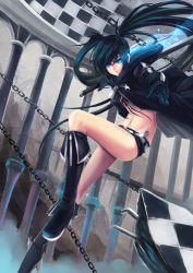 Rule 34 | 10s, 1girl, bad id, bad pixiv id, black hair, black rock shooter, black rock shooter (character), blue eyes, boots, cape, chain, female focus, gloves, glowing, glowing eye, knee boots, long hair, midriff, navel, pillar, rinbukyoku, scar, short shorts, shorts, solo, star (symbol), sword, twintails, very long hair, weapon